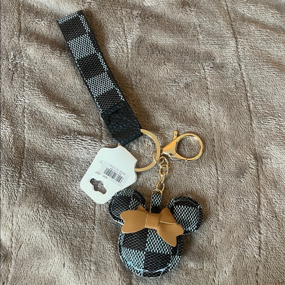 Minnie Mouse Checkered blue brown with Gold luxury Keychain purse bag charm NWT